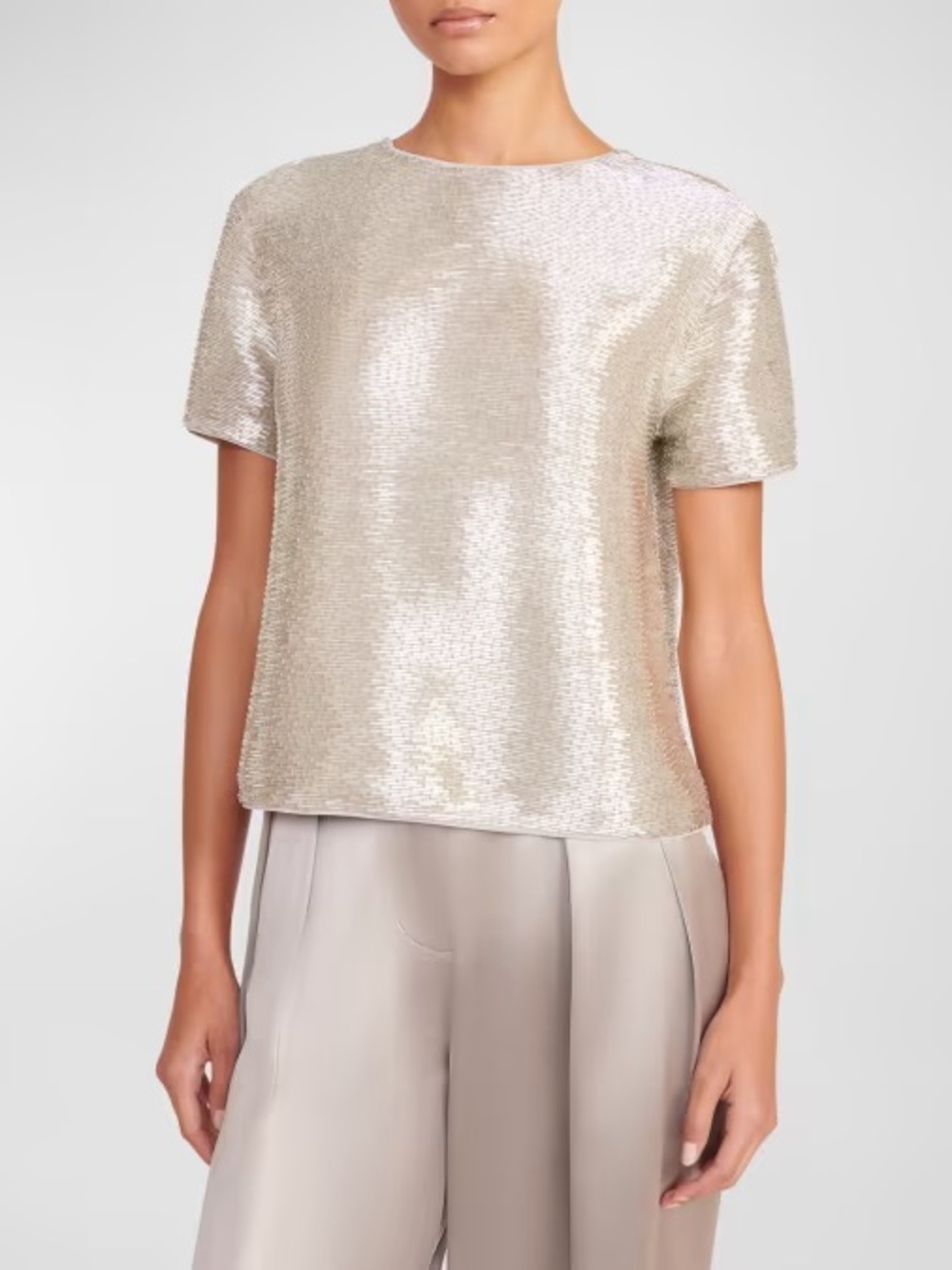 STAUD Ingrid Glass Beaded Metallic Short-Sleeve Top